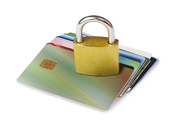 Image showing Grey locked padlock and credit cards.