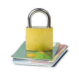 Image showing Grey locked padlock and credit cards.