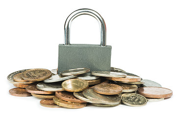Image showing Grey locked padlock and coins