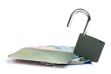 Image showing Grey locked padlock and credit cards.