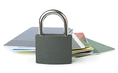 Image showing Grey locked padlock and credit cards.