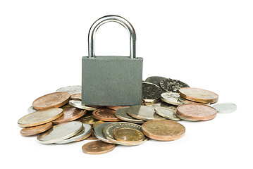 Image showing Grey locked padlock and coins