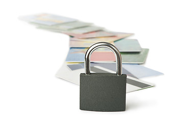 Image showing Grey locked padlock and credit cards.