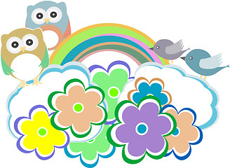 Image showing Background with owl, birds and cloud