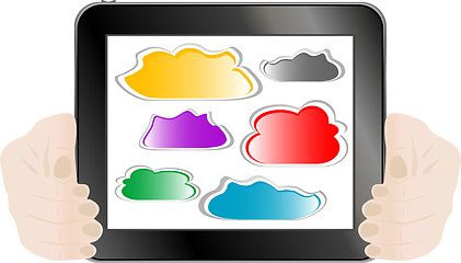 Image showing Woman hand holding tablet pc with abstract cloud
