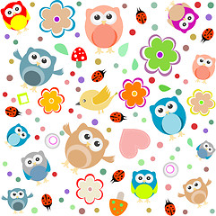 Image showing Bright background with owls, leafs, mushrooms and flowers