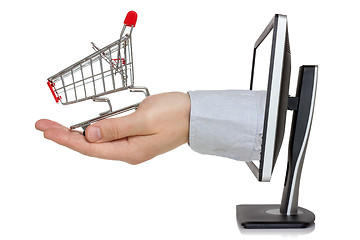 Image showing Computer monitor and hand with shopping cart 