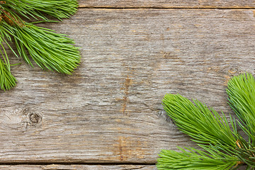 Image showing Wooden planks with  fir branches