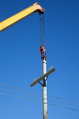 Image showing Installation of wooden electric poles crane