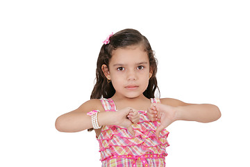Image showing Pretty little girl hand gesturing thumb down failure sign 