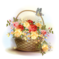 Image showing Wicker basket with roses. Victorian style.