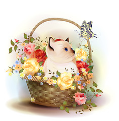 Image showing Illustration of  the siamese kitten sitting in a basket with ros