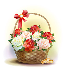 Image showing Wedding card.    Rings and  wicker basket  with roses.