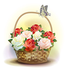 Image showing Wicker basket with roses. Birthday card.