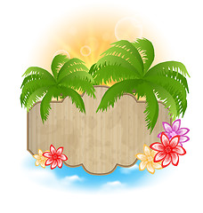 Image showing Wooden signboard with palms and flowers on the seashore