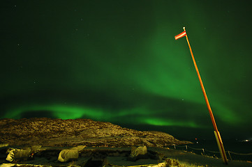 Image showing Flag and Aurora