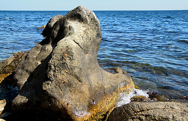 Image showing Big beautiful stone on a background of the sea