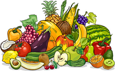 Image showing fruits and vegetables group cartoon illustration