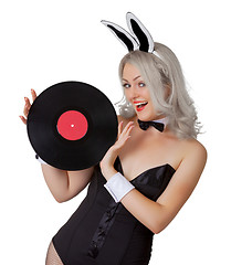 Image showing Playful blonde in a bunny suit with a vinyl record