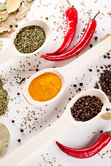 Image showing red peppers and other kind of spices in spoons