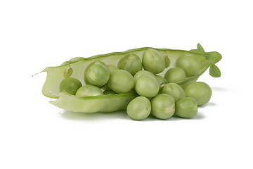 Image showing Ripe pea vegetable with green leaf isolated on white background