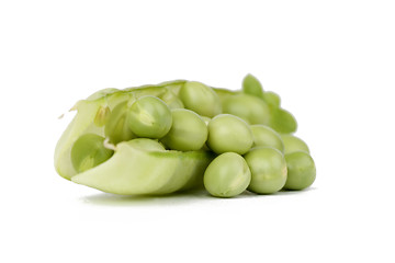 Image showing Pods of green peas with leaves on white background.