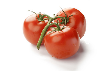 Image showing Fresh red tomato with green stem on white background