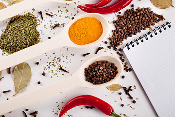 Image showing notebook, red chilli pepper, spices in spoons