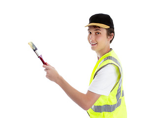 Image showing Smiling painter with paint brush