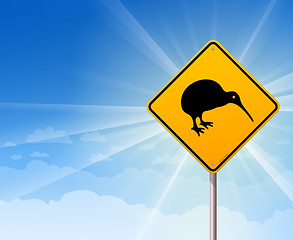 Image showing Kiwi Bird Yellow Sign on Blue