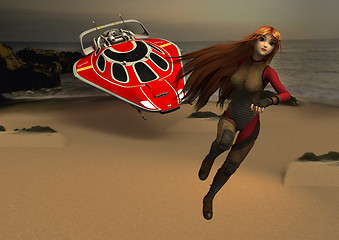 Image showing Female Super Hero and Spaceship