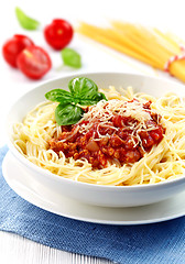 Image showing Spaghetti with minced meat and cheese