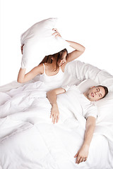 Image showing Snoring asleep in bed frustration