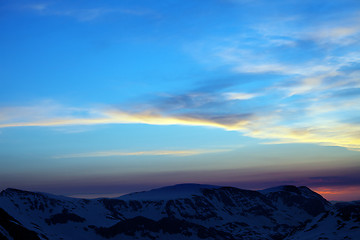 Image showing Sunrise in snow mountains