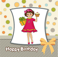 Image showing birthday greeting card with girl and big cupcake