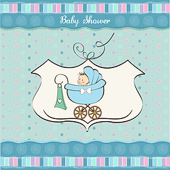 Image showing baby boy announcement card with baby and pram