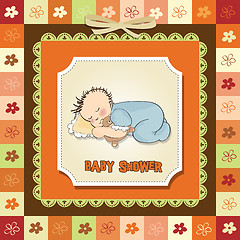 Image showing baby shower card with little baby boy sleep with his teddy bear 