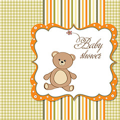 Image showing baby shower card with teddy bear toy