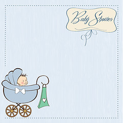 Image showing baby boy announcement card with baby and pram