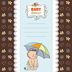 Image showing baby boy shower card with funny baby under his umbrella