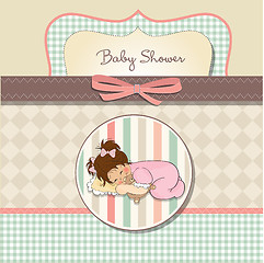 Image showing baby shower card with little baby girl play with her teddy bear 