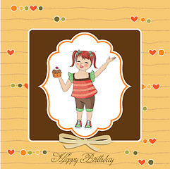 Image showing birthday greeting card with girl and big cupcake