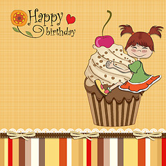 Image showing birthday card with funny girl perched on cupcake
