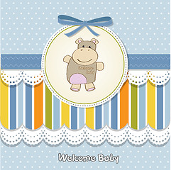 Image showing childish baby girl announcement card with hippo toy