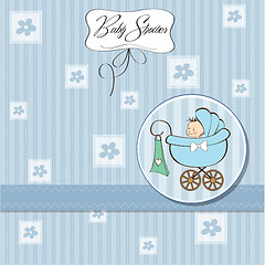 Image showing baby boy announcement card with baby and pram