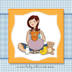 Image showing happy pregnant woman, baby shower card