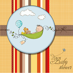 Image showing little boy sleeping in a pea been, baby announcement card