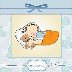 Image showing baby shower card with little baby boy sleep with his teddy bear 