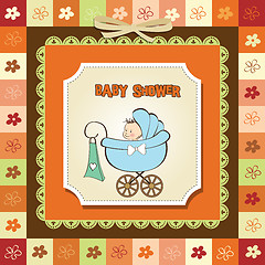 Image showing baby boy announcement card with baby and pram