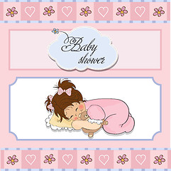 Image showing baby shower card with little baby girl play with her teddy bear 